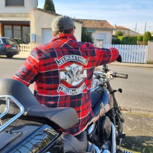 Veste rouge FBF Logo moteur HD liseré orange, SURCHEMISE À CARREAUX DOUBLÉE SHERPA