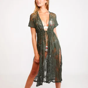 Kimono long kaki ajouré crochet ELVIE COCOBEACH