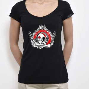 FBF Bats toi pour tes droits, Crane rouge, noir & blanc des Bikers de France, Femme – Tee Shirt noir col en V