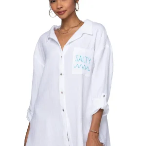 GOOD VIBES BUTTON UP WHITE W/ "ESCAPE" EMBROIDERY