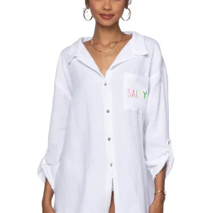 GOOD VIBES BUTTON UP WHITE W/ "SALTY" EMBROIDERY