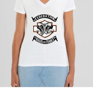 FBF Fédération des Bikers de France liseré Orange – Tee Shirt Femme blanc col en V