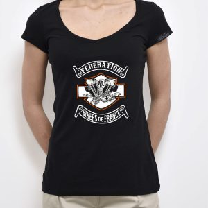FBF Fédération des Bikers de France liseré Orange – Tee Shirt Femme noir col en V
