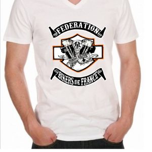 FEDERATION DES BIKERS DE FRANCE liseré Orange – Tee Shirt homme blanc col en V