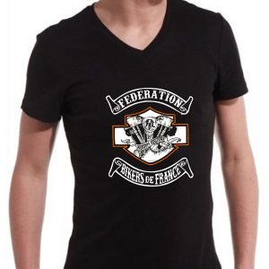 FEDERATION DES BIKERS DE FRANCE moteur Harley – liseré Orange, Tee Shirt homme noir col en V