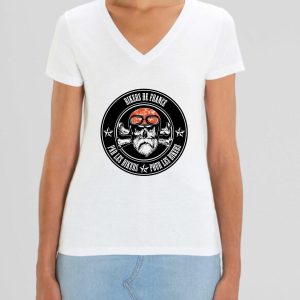 FBF Oldskull casque Orange – Bikers de France – par les Bikers pour les Bikers – Tee Shirt Femme blanc col en V