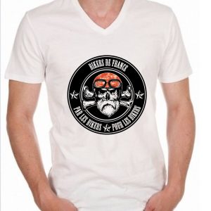 FBF Oldskull casque Orange – Bikers de France, par les Bikers pour les Bikers, Tee Shirt Homme blanc col en V