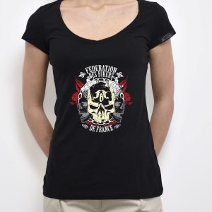 FBF Fédération des Bikers de France – les 3 cranes – Tee Shirt Femme noir col en V