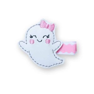 Barrette enfant Halloween – Fantôme brodé phosphorescent avec nœud rose