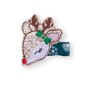 Barrette bébé fille renne au nez rouge – brodée & anti-glisse