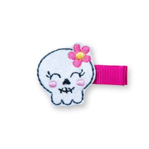 Barrette bébé fille Halloween – Tête de mort brodée sur tissu pailleté blanc