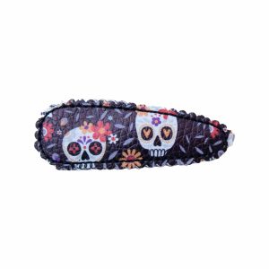 Barrette clic-clac Halloween en simili cuir noir – Têtes de morts & fleurs