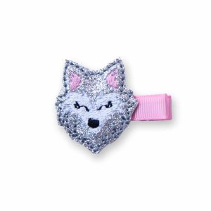 Barrette fille anti-glisse – Loup argent pailleté