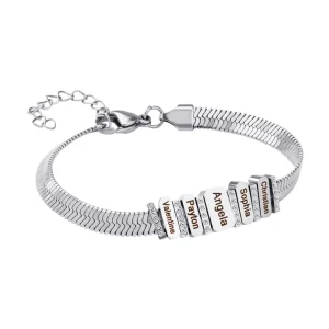 Bracelet à mailles serpent, acier inoxydable, noms personnalisés gravés, zircons brillants, cadeau unique, modèle Padisore