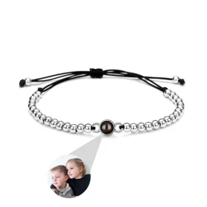 Bracelet à perles métalliques avec projection photo, bracelet personnalisable sur cordon noir, souvenir précieux au poignet, modèle Josue
