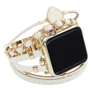 Bracelet Apple Watch décoratif femme, cuir tressé et pierre cœur effet pailleté, design original, modèle Welna