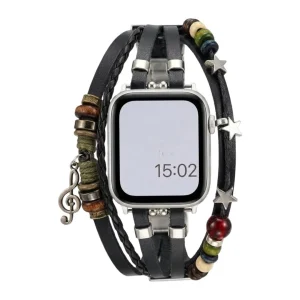 Bracelet Apple Watch en simili vegan tressé, perles fantaisie et pendentif musical, design boho chic, fermoir acier, modèle Bobbie