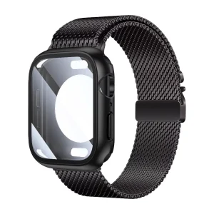 Bracelet Apple Watch maille milanaise épaisse avec coque intégrée, acier inoxydable, fermoir magnétique, design élégant et moderne, modèle Romuald