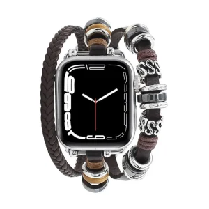 Bracelet Apple Watch multi-rangs, style lanière tressé et perles acier, taille réglable pour homme, modèle Gladius