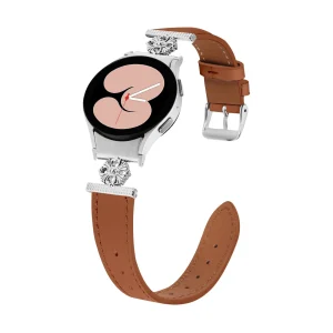 Bracelet cuir pour Samsung Galaxy Watch, pour femme, boucle ardillon et motif fleur argentée, style chic et moderne, modèle Sidy