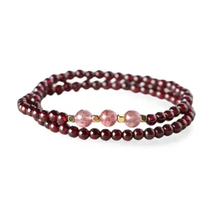 Bracelet double en grenat rouge et quartz rose pour relaxation et bien-être, modèle Leyla