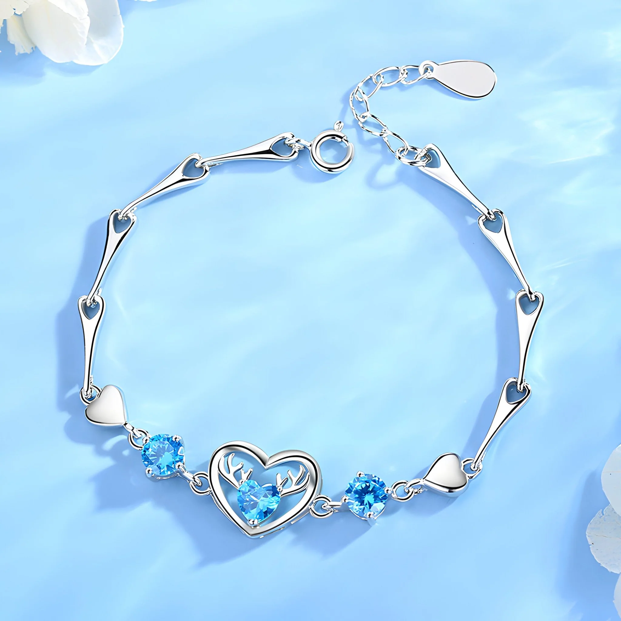 Bracelet en argent pur pour femme, charm coeur incrusté d'un cerf, modèle Ines – Image 4