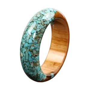 Bracelet jonc en bois naturel et turquoise, éclats résine brillante, modèle Diyuna