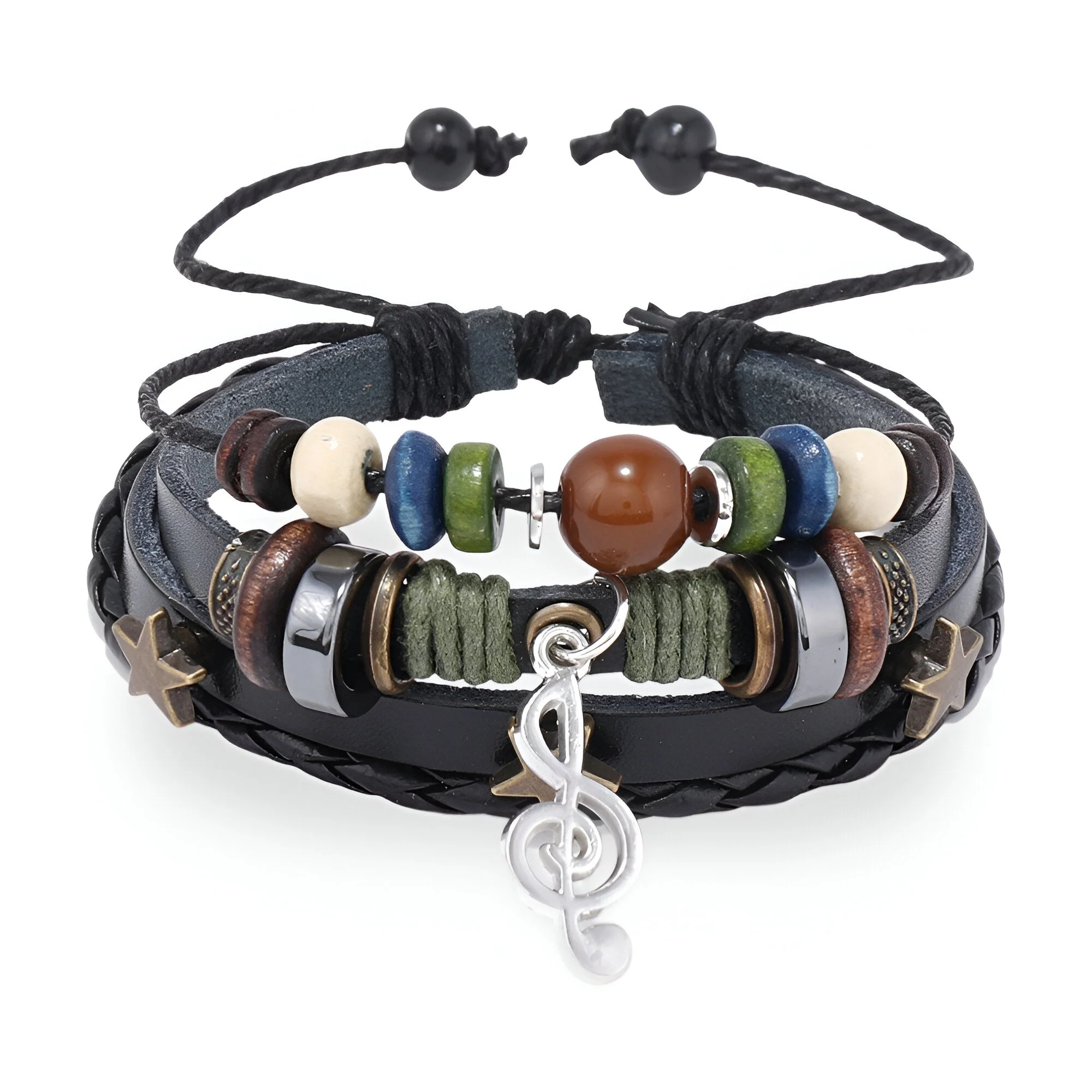 Bracelet multi-rangs, en cuir, aux multiples détails et note de musique, mixte, modèle Ira