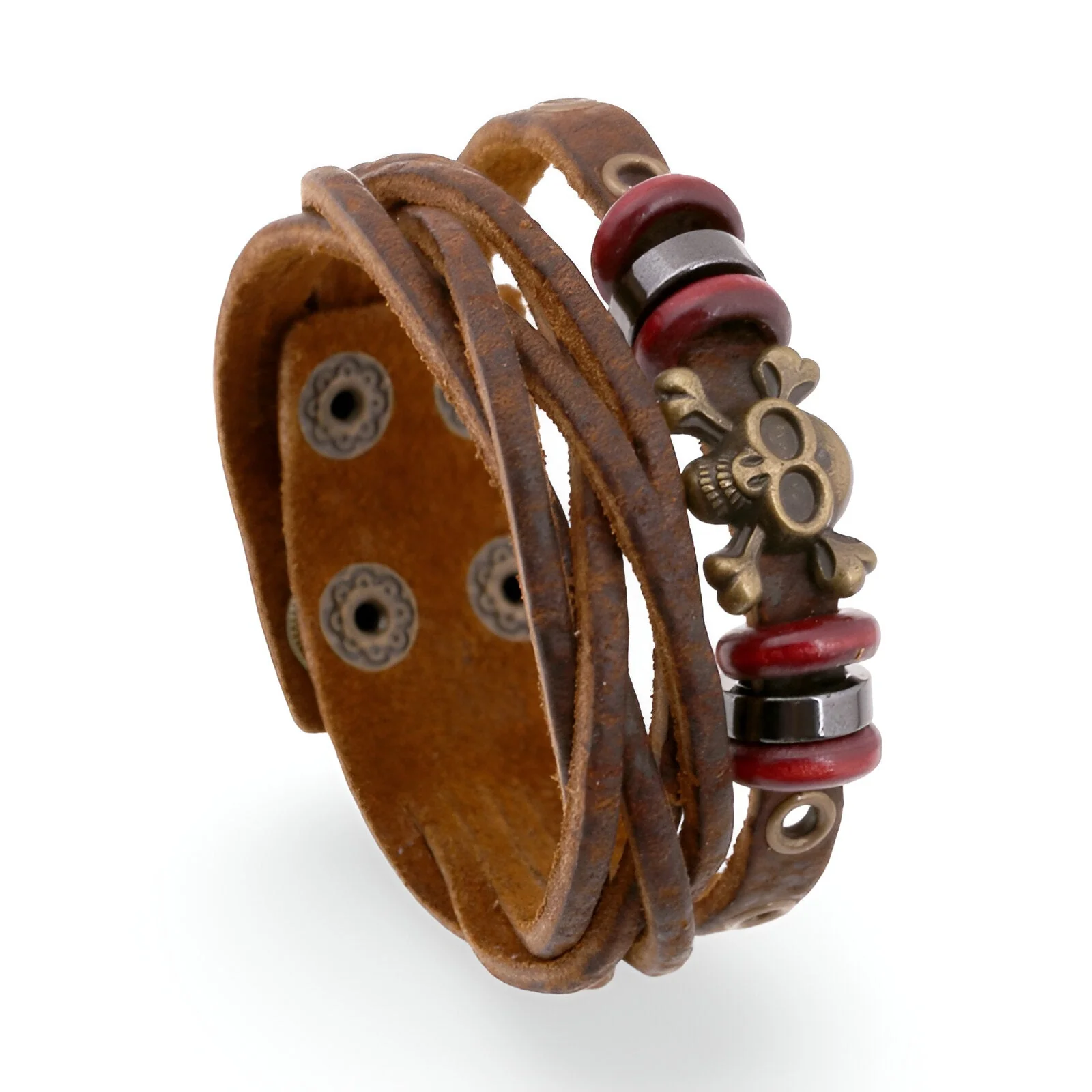 Bracelet multi-rangs en cuir, motif tête de mort, pour homme, modèle Yaro