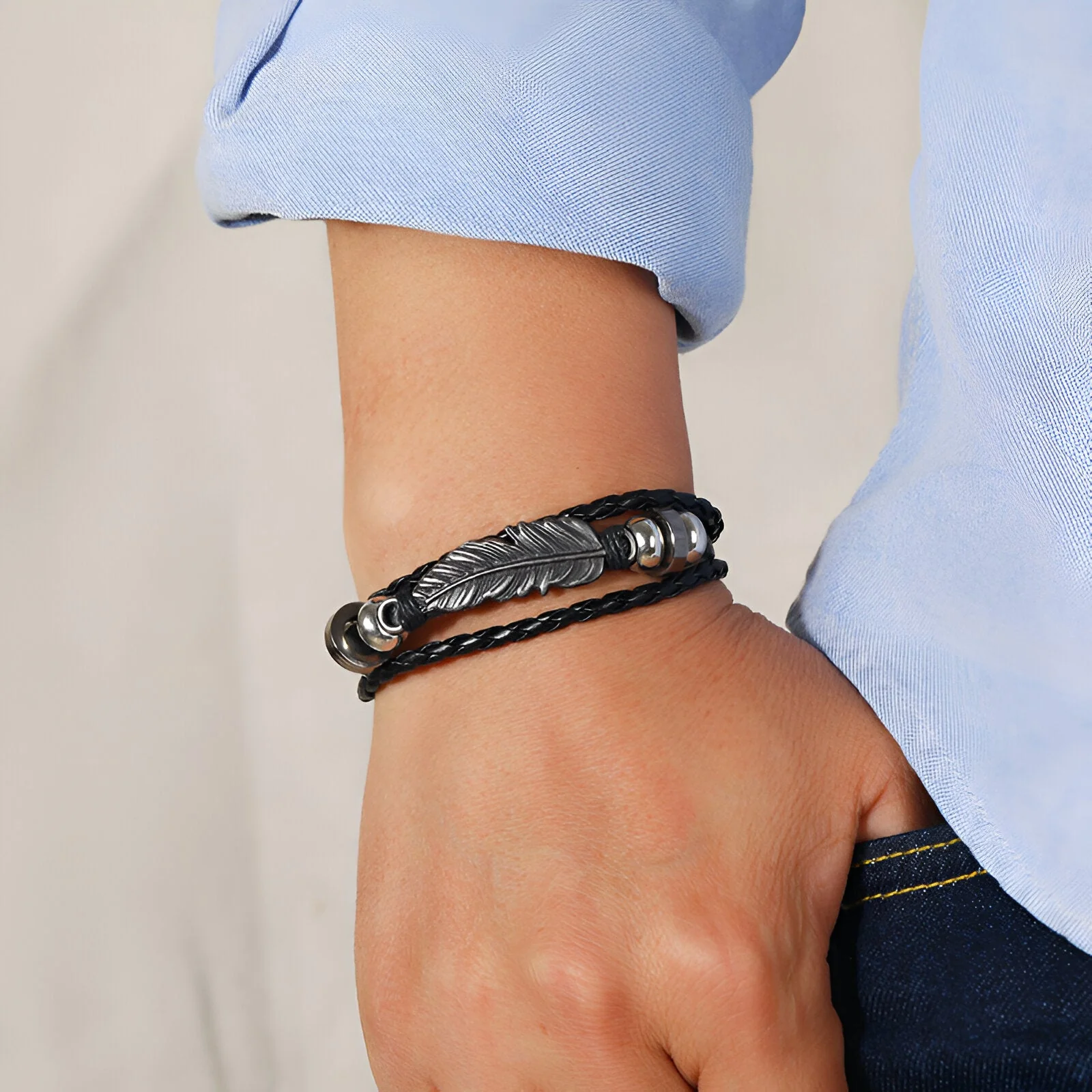 Bracelet multi-rangs en microfibre, grande plume, mixte, modèle Eder – Image 2