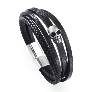 Bracelet multi-rangs en microfibre, orné d'une tête de mort, modèle Freddy
