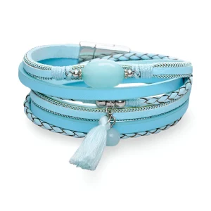 Bracelet multi-rangs, orné d'une pierre d'agate et d'un pompon, pour femme, modèle Livia