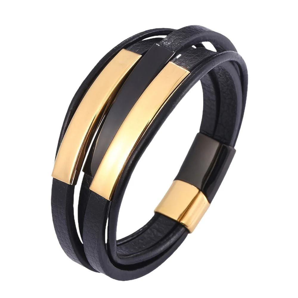 Bracelet personnalisé noir homme, fermoir magnétique, 3 plaques en acier personnalisables, design moderne à trois lanières, modèle Presnel – Image 8