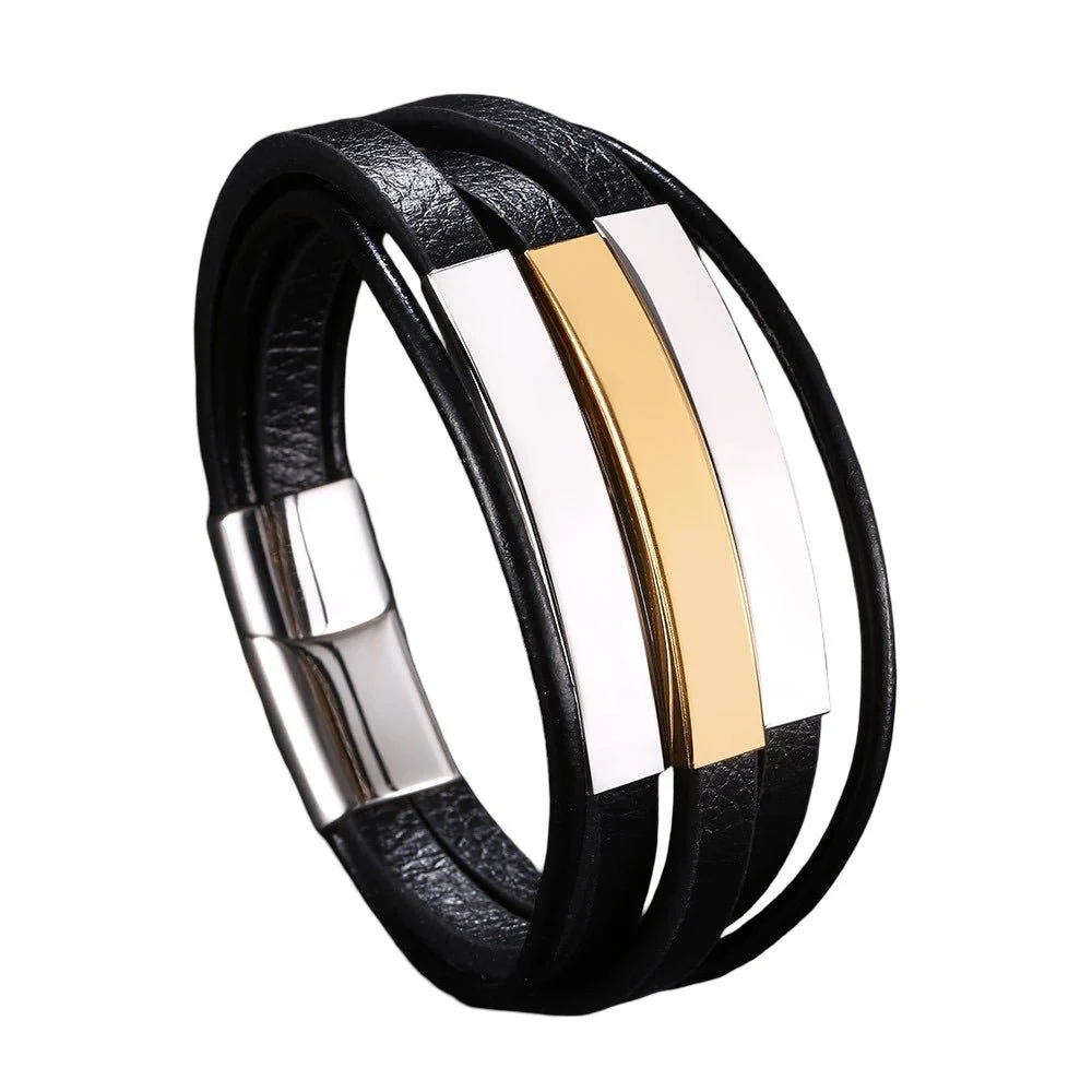 Bracelet personnalisé noir homme, fermoir magnétique, 3 plaques en acier personnalisables, design moderne à trois lanières, modèle Presnel – Image 9