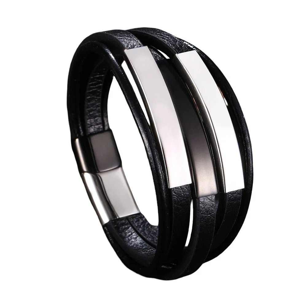 Bracelet personnalisé noir homme, fermoir magnétique, 3 plaques en acier personnalisables, design moderne à trois lanières, modèle Presnel – Image 7