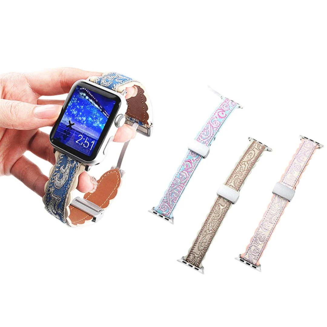 Bracelet printanier, en cuir brodé, coloré, pour Apple Watch, ajustable, modèle Nolphène – Image 4