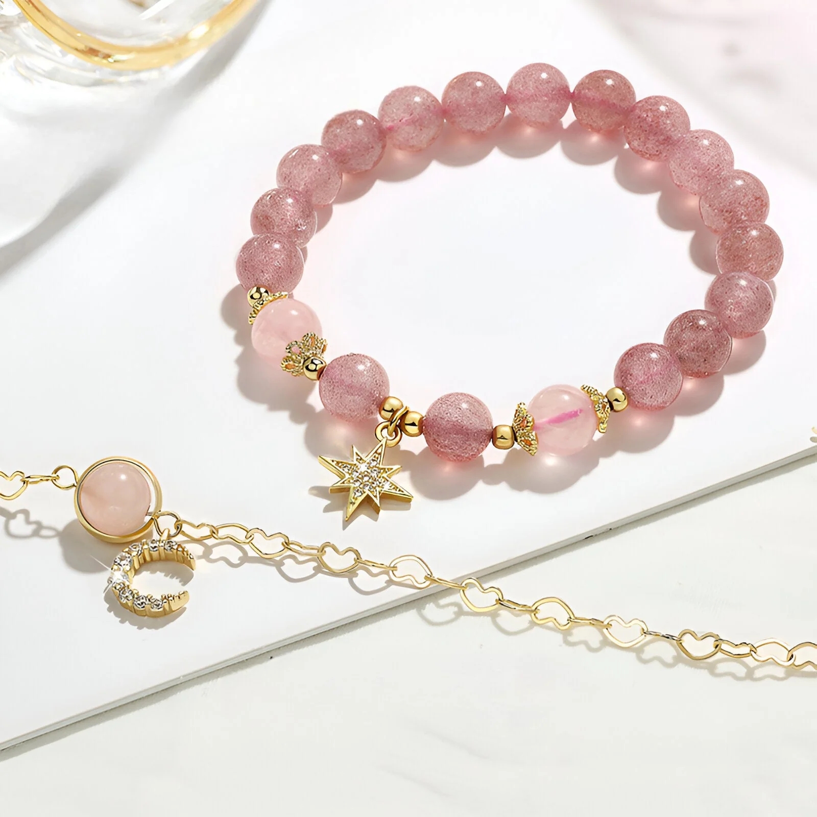 Duo de bracelets en pierres de cristal, étoile et lune, pour femme, modèle Astrée – Image 8