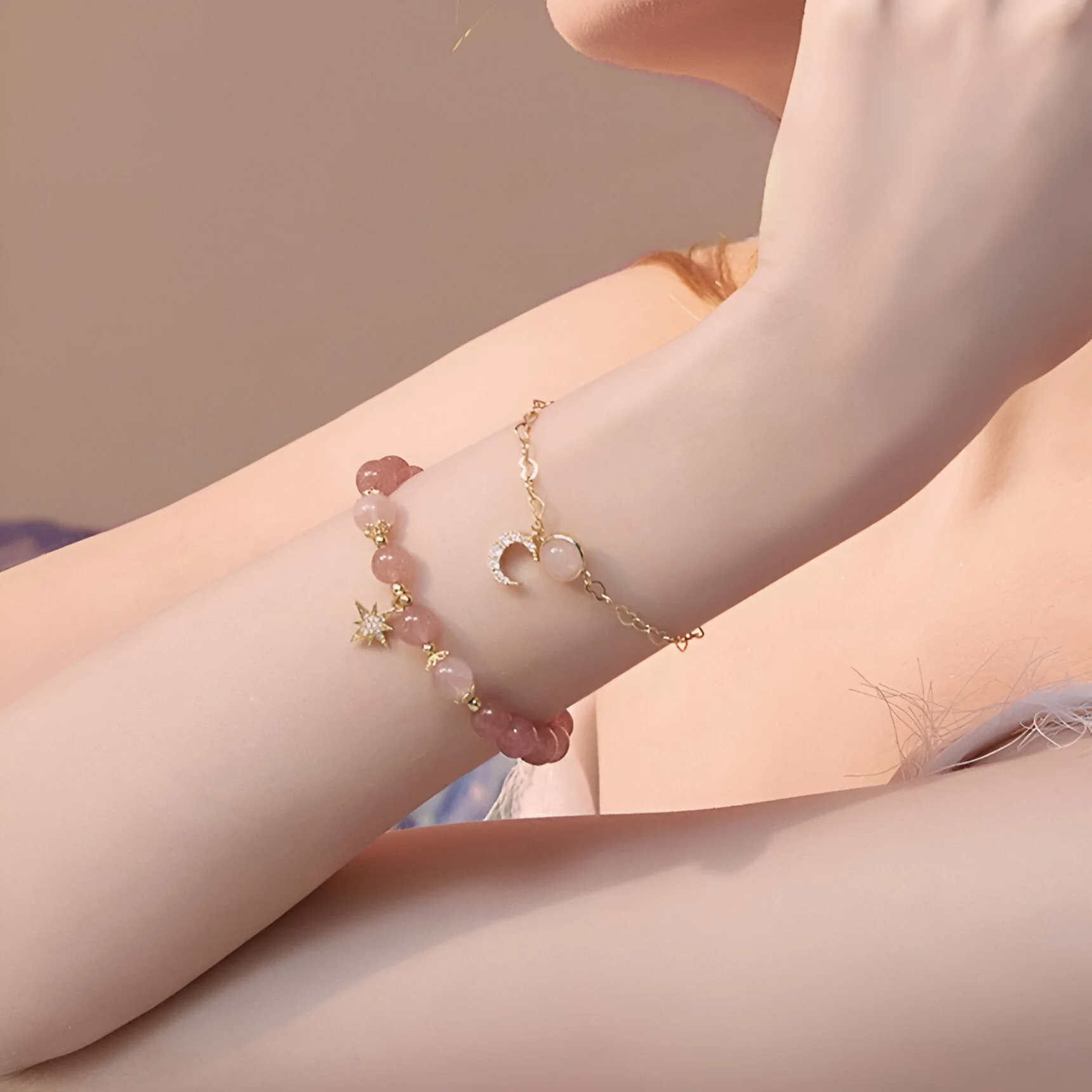 Duo de bracelets en pierres de cristal, étoile et lune, pour femme, modèle Astrée – Image 4