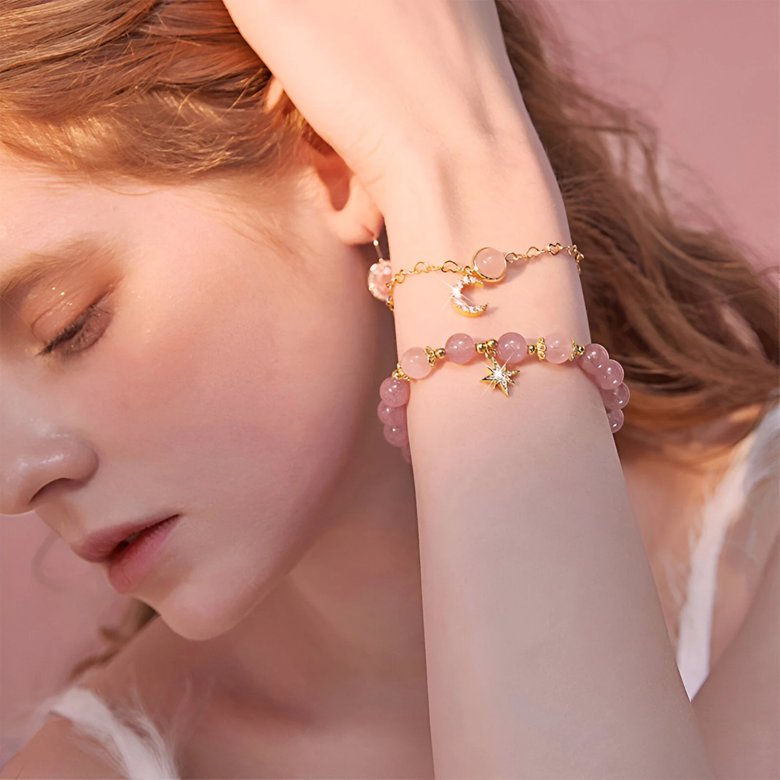 Duo de bracelets en pierres de cristal, étoile et lune, pour femme, modèle Astrée – Image 2