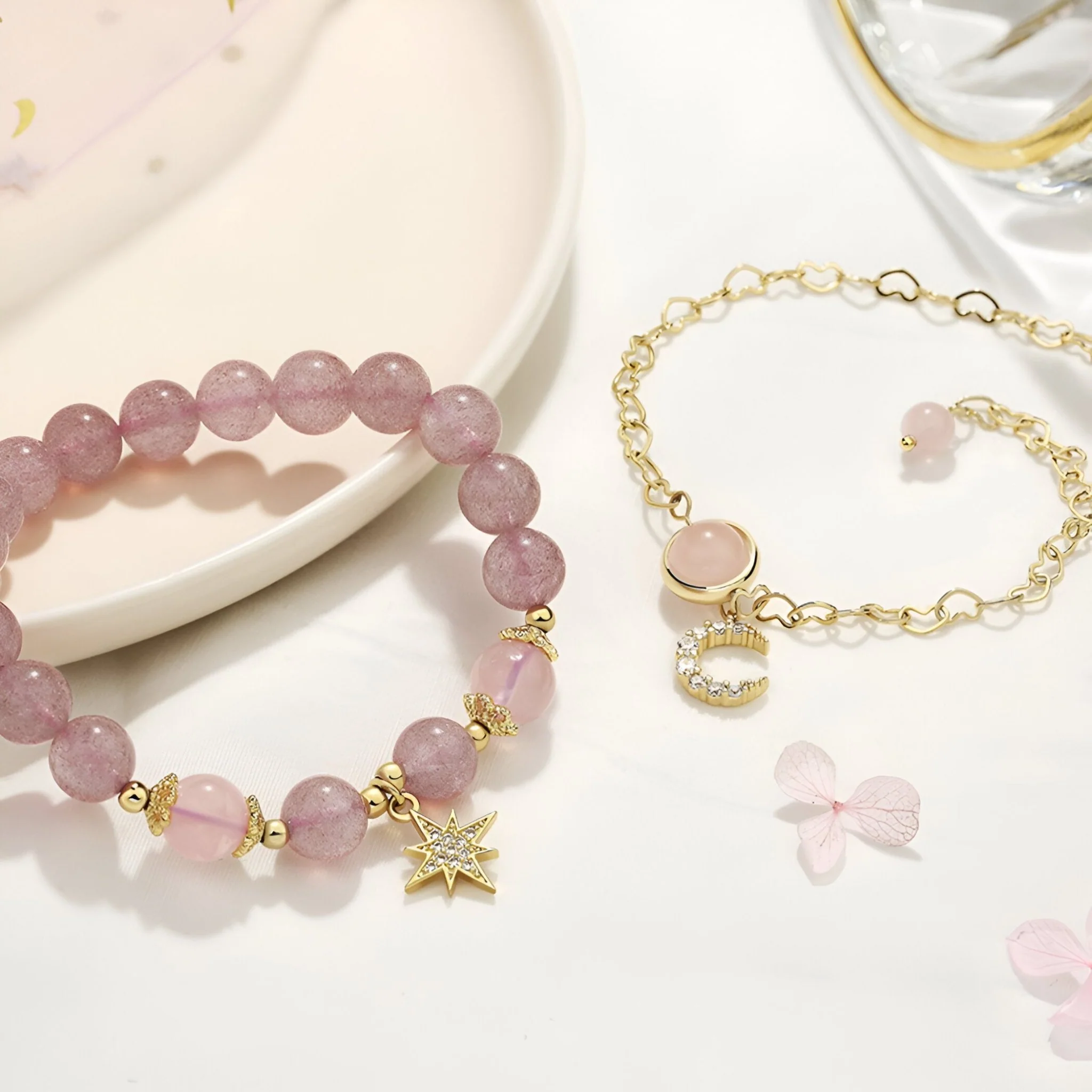 Duo de bracelets en pierres de cristal, étoile et lune, pour femme, modèle Astrée – Image 7