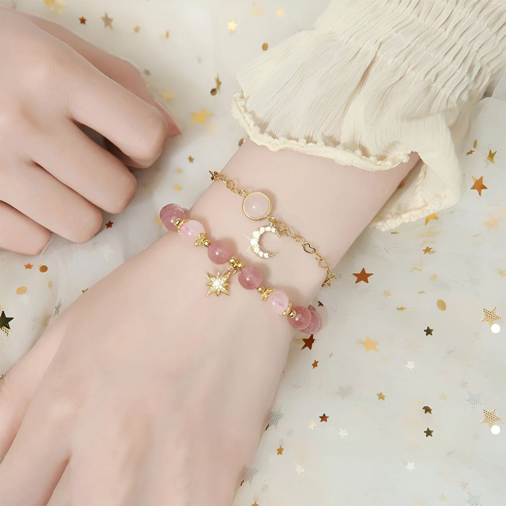 Duo de bracelets en pierres de cristal, étoile et lune, pour femme, modèle Astrée – Image 5