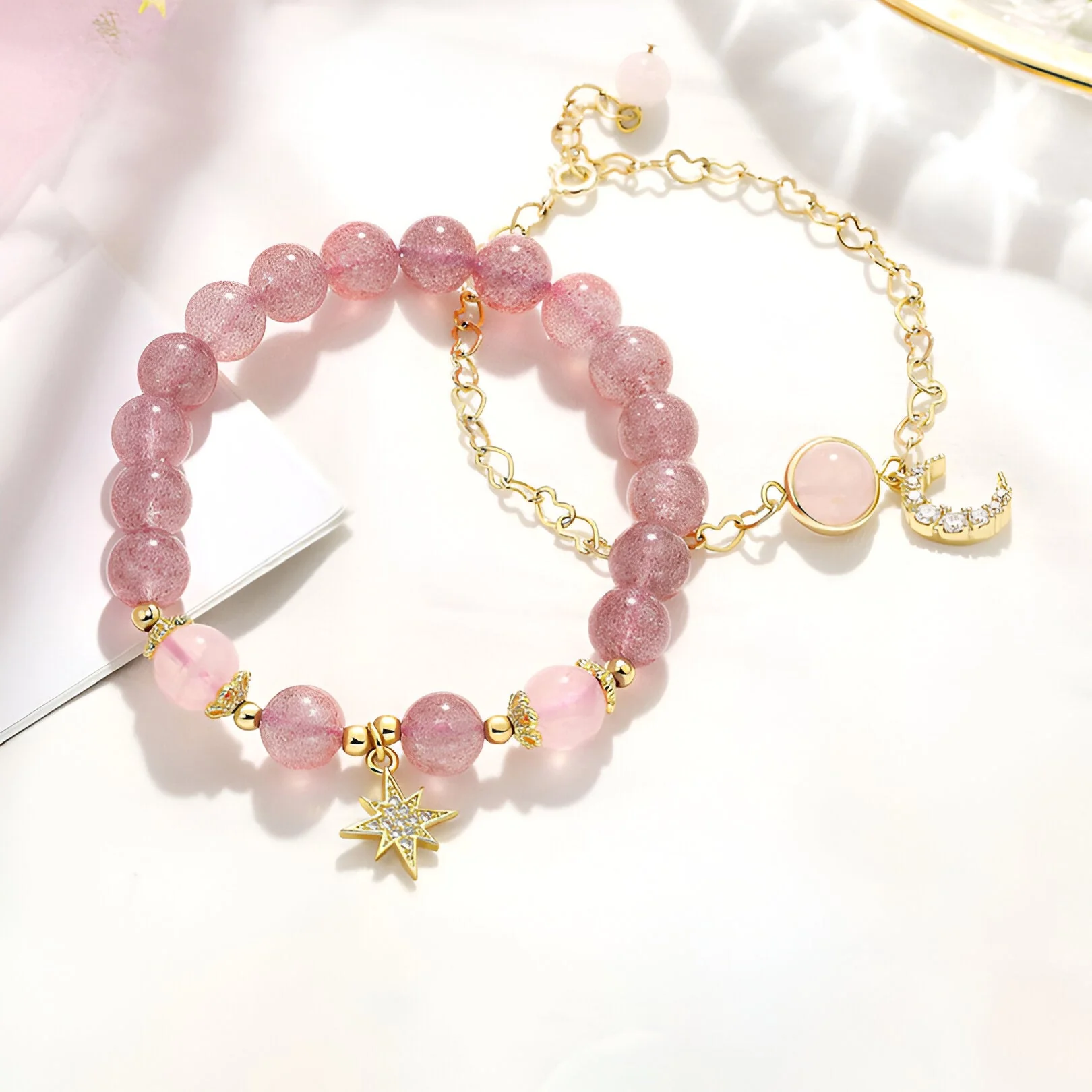 Duo de bracelets en pierres de cristal, étoile et lune, pour femme, modèle Astrée – Image 6