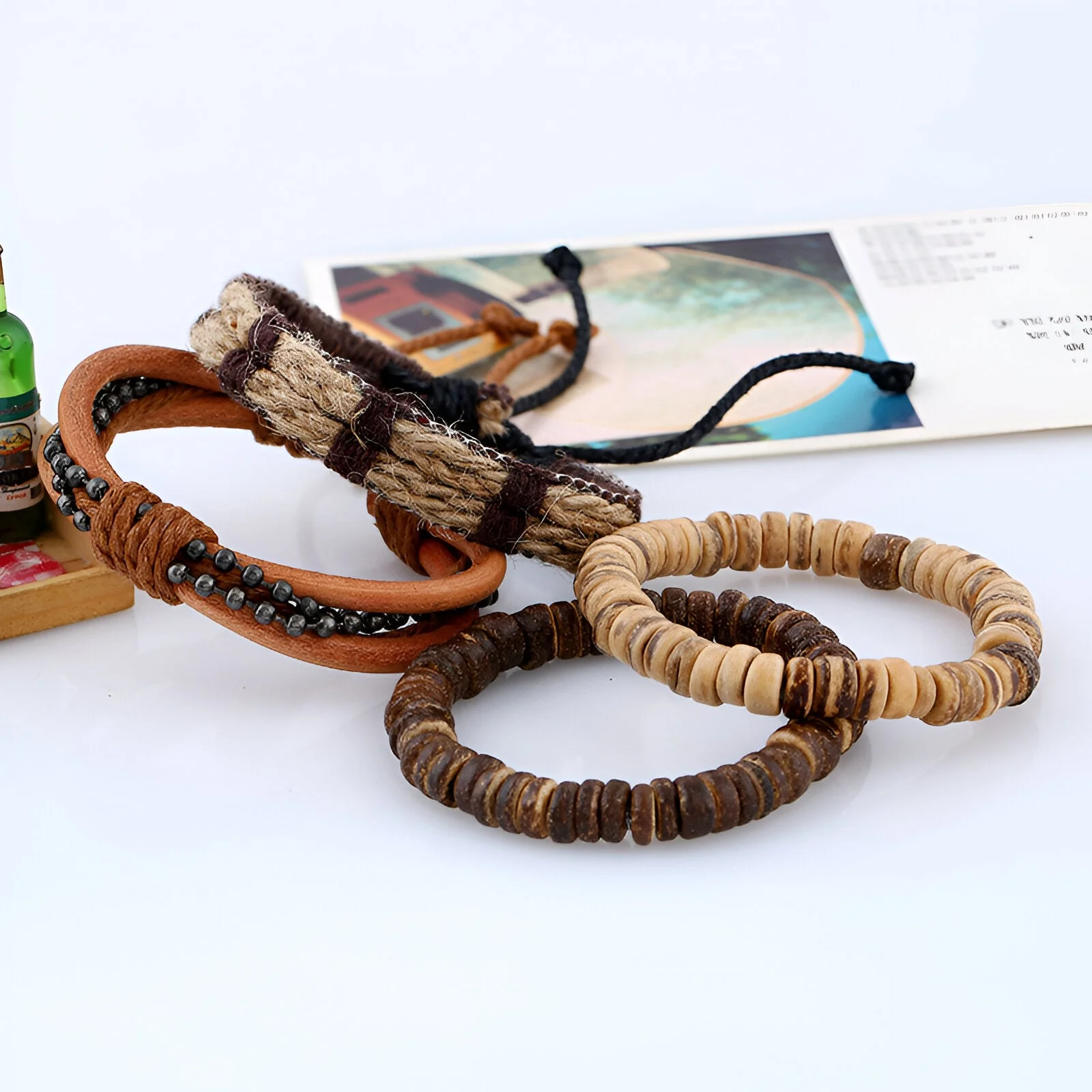 Ensemble de 4 bracelets tissés, noix de coco et cuire, mixte, modèle Rory – Image 3