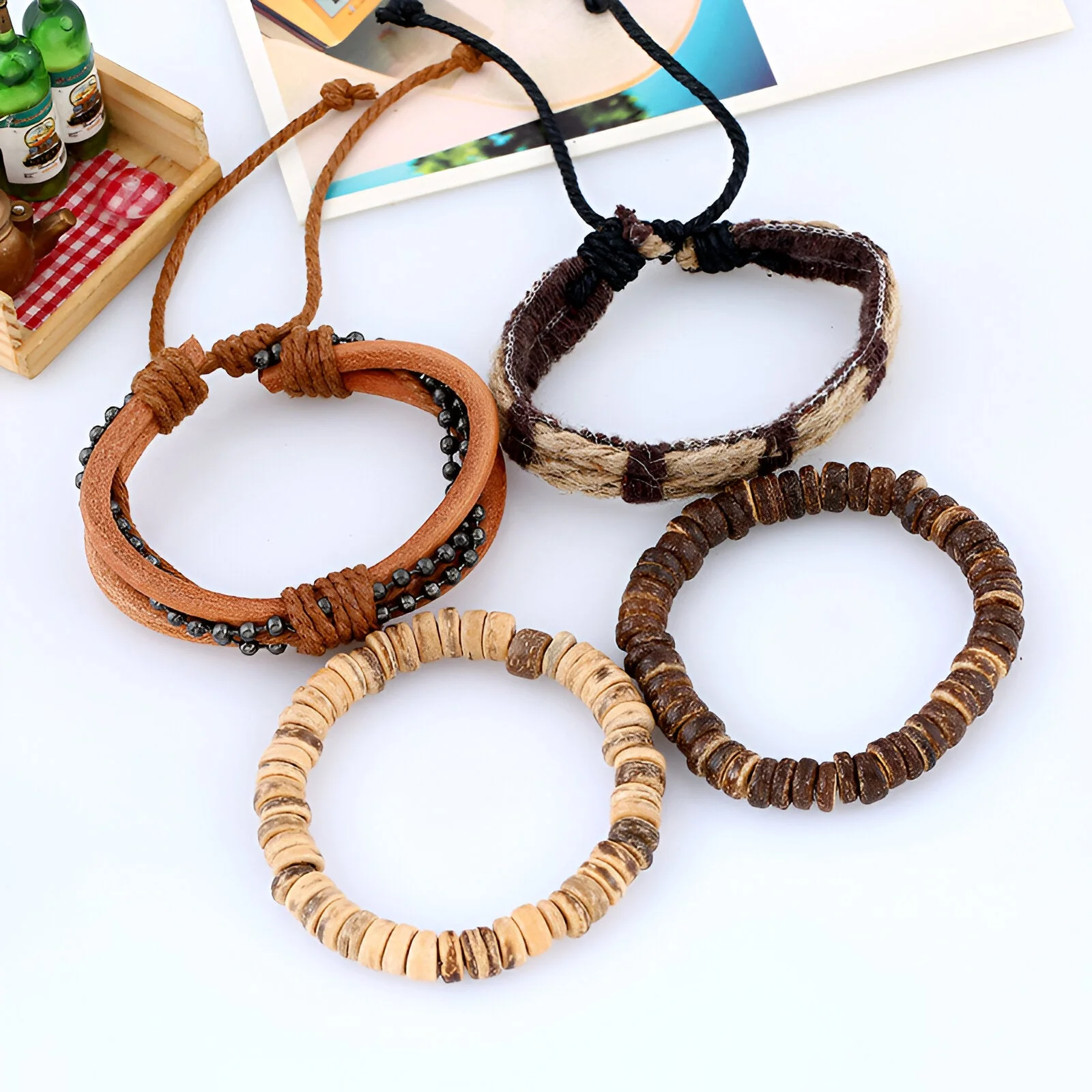 Ensemble de 4 bracelets tissés, noix de coco et cuire, mixte, modèle Rory – Image 4