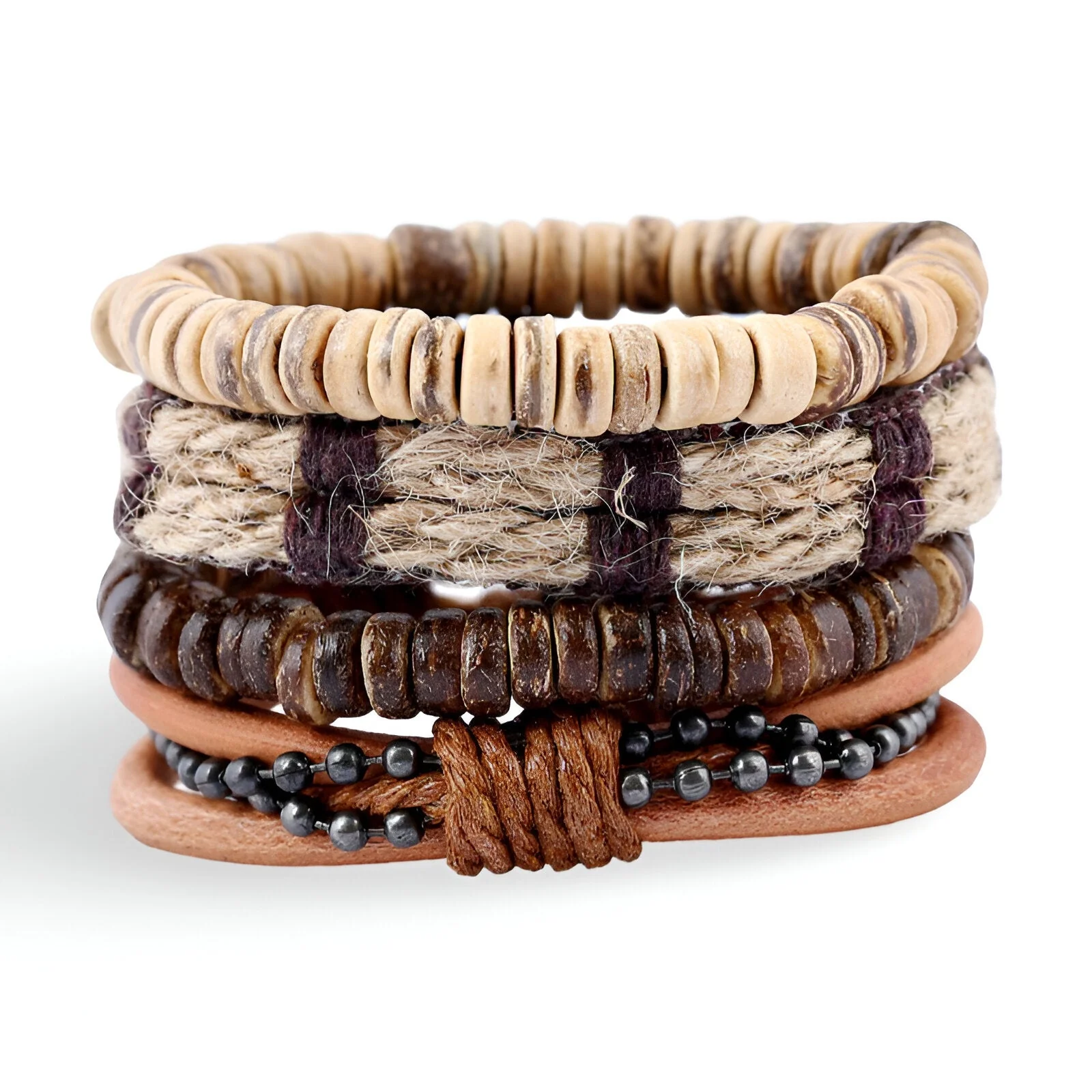 Ensemble de 4 bracelets tissés, noix de coco et cuire, mixte, modèle Rory