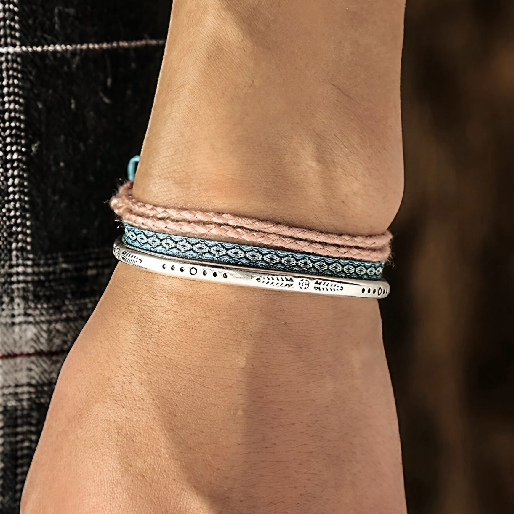 Trio de bracelets tibétains porte-bonheur, en coton, corde et argent, pour homme, modèle Stuart – Image 3