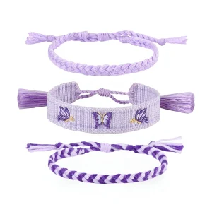 Trio de bracelets en coton tissé, motif papillons, pour femme, modèle Tisara