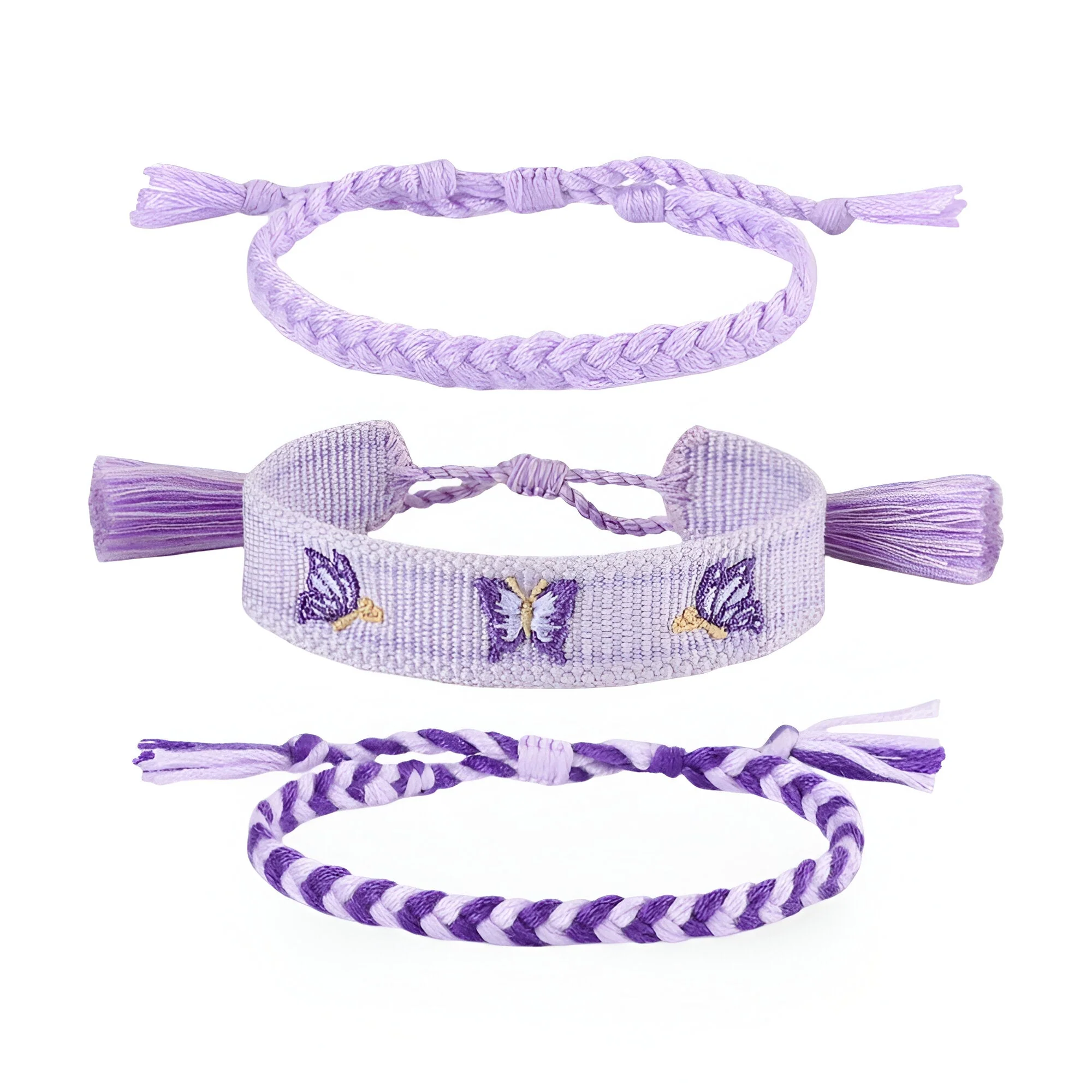 Trio de bracelets en coton tissé, motif papillons, pour femme, modèle Tisara