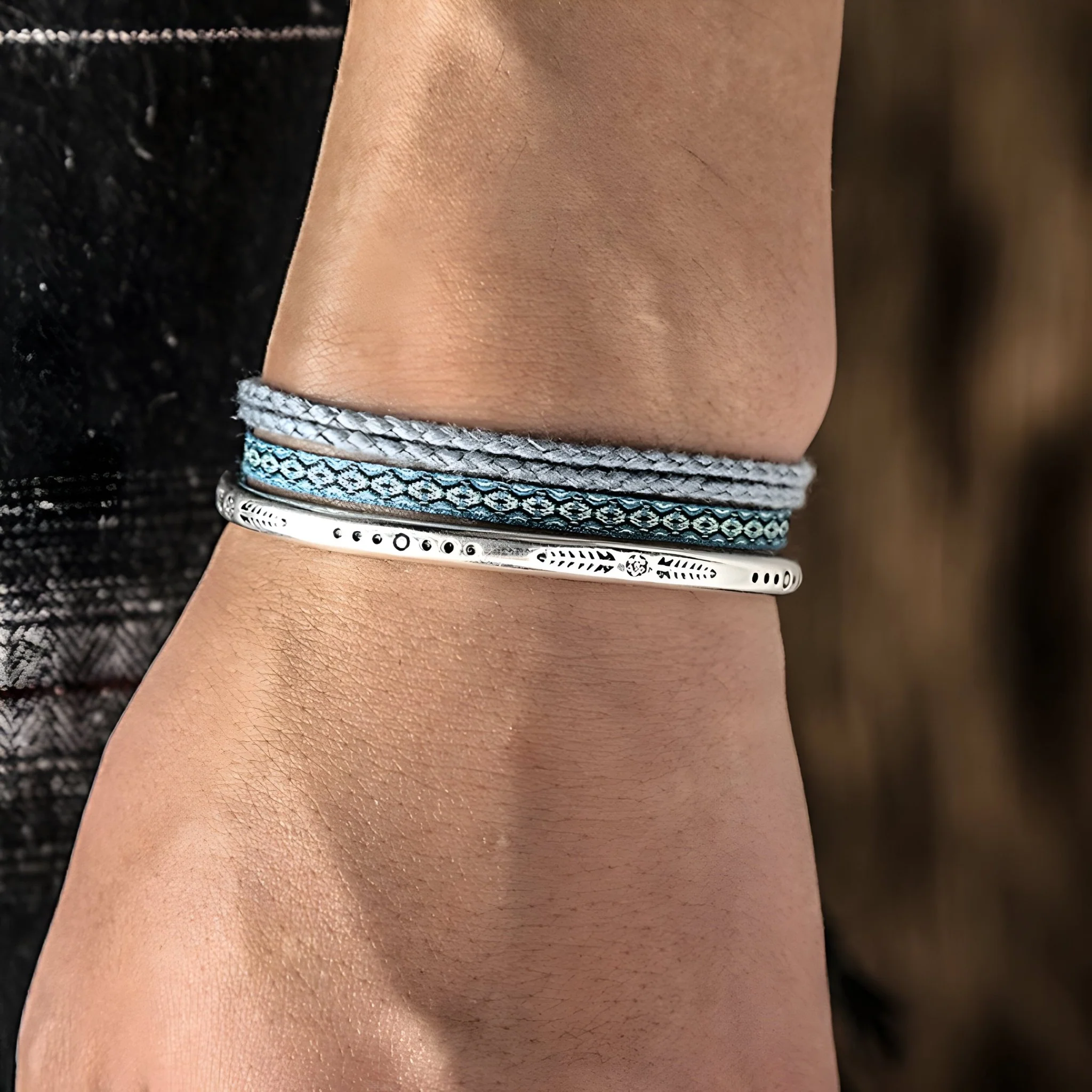 Trio de bracelets tibétains porte-bonheur, en coton, corde et argent, pour homme, modèle Stuart – Image 4